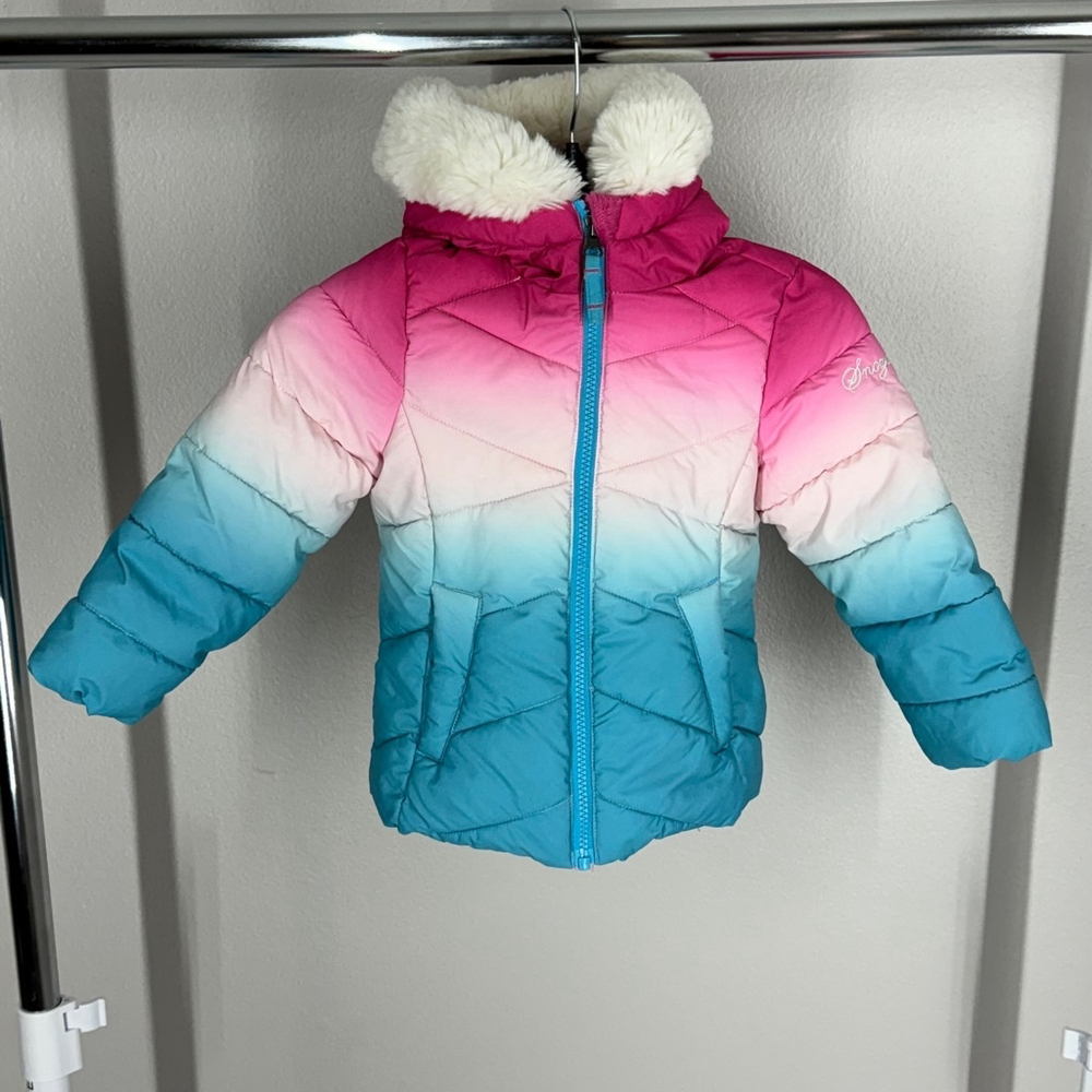 Snozu Girls’ Zip-Up With Pockets, Faux Fur Hood Pink Blue Jacket Size 2T